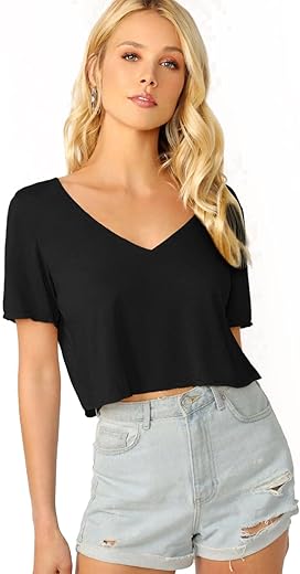 Verdusa Women'S Solid V Neck Crop T Shirt Top Causal Short Sleeve Tee Top