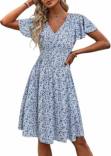 Vetior Womens Sundress Summer Wrap V Neck Floral Wedding Guest Dresses Short Sleeve Sun Dress For Women Casual 2024