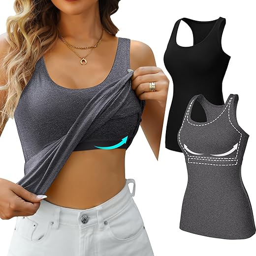 V For City Womens Shelf Bra Tank Tops Racerback Workout Tops Yoga Shirt Cotton Undershirt 2 Pack