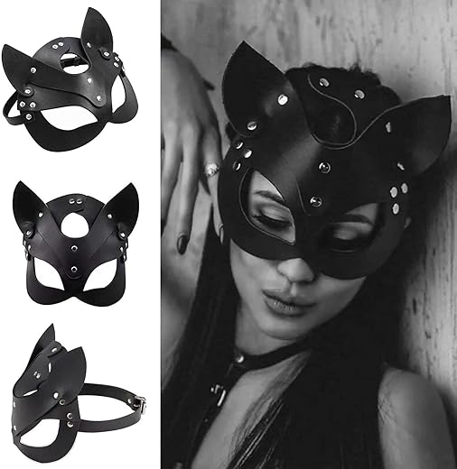 Vickkt Women Cat Mask Sexy Leather Eye Mask Half Face Masquerade Mask Cosplay Costume Props For Halloween Mardi Gras Carnival