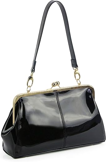 Vintage Kiss Lock Handbags Shiny Patent Leather Evening Clutch Purse Tote Bags With Two Straps