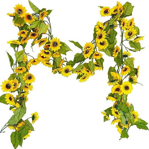 Winlyn 5.9' L Artificial Sunflower Garland Hanging Sunflower Vine Greenery Garland With 43 Pcs Yellow Sunflower Heads For Fall Autumn Holiday Wedding Arch Home Mantel Doorway Table Backdrop Decoration