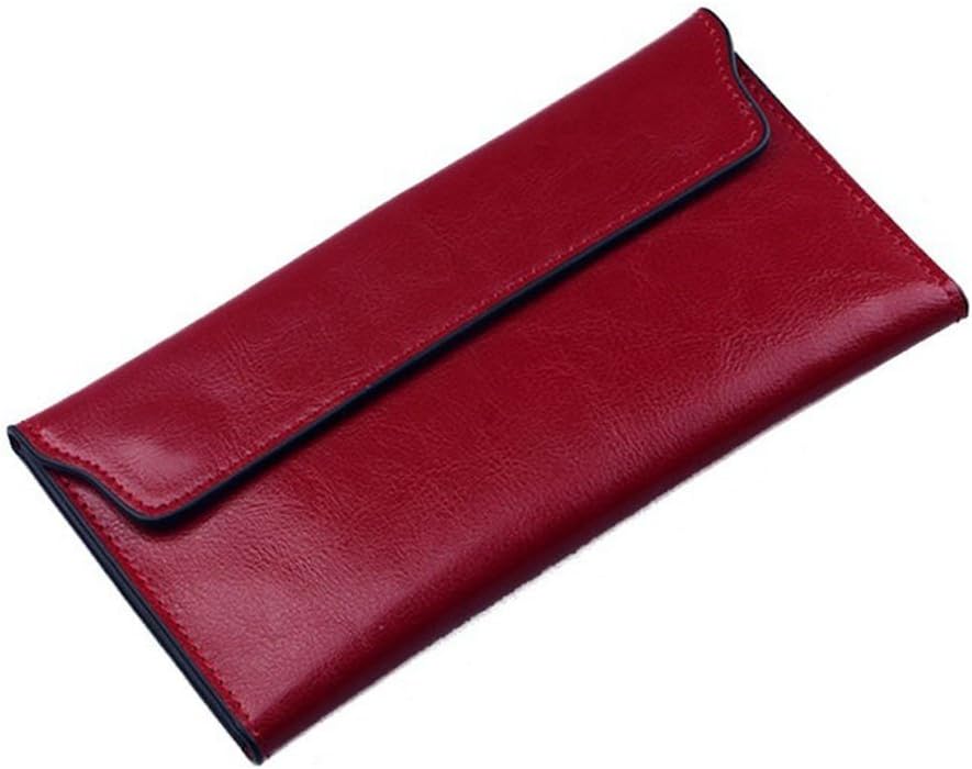 Women Long Wallet Genuine Cowhide Leather Cards Holder Clutch Purse Phone Bag (Wine Red)