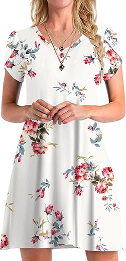 Women'S 2023 Summer V Neck Mini Dresses Casual Petal Short Sleeve Flowy Dress With Pockets