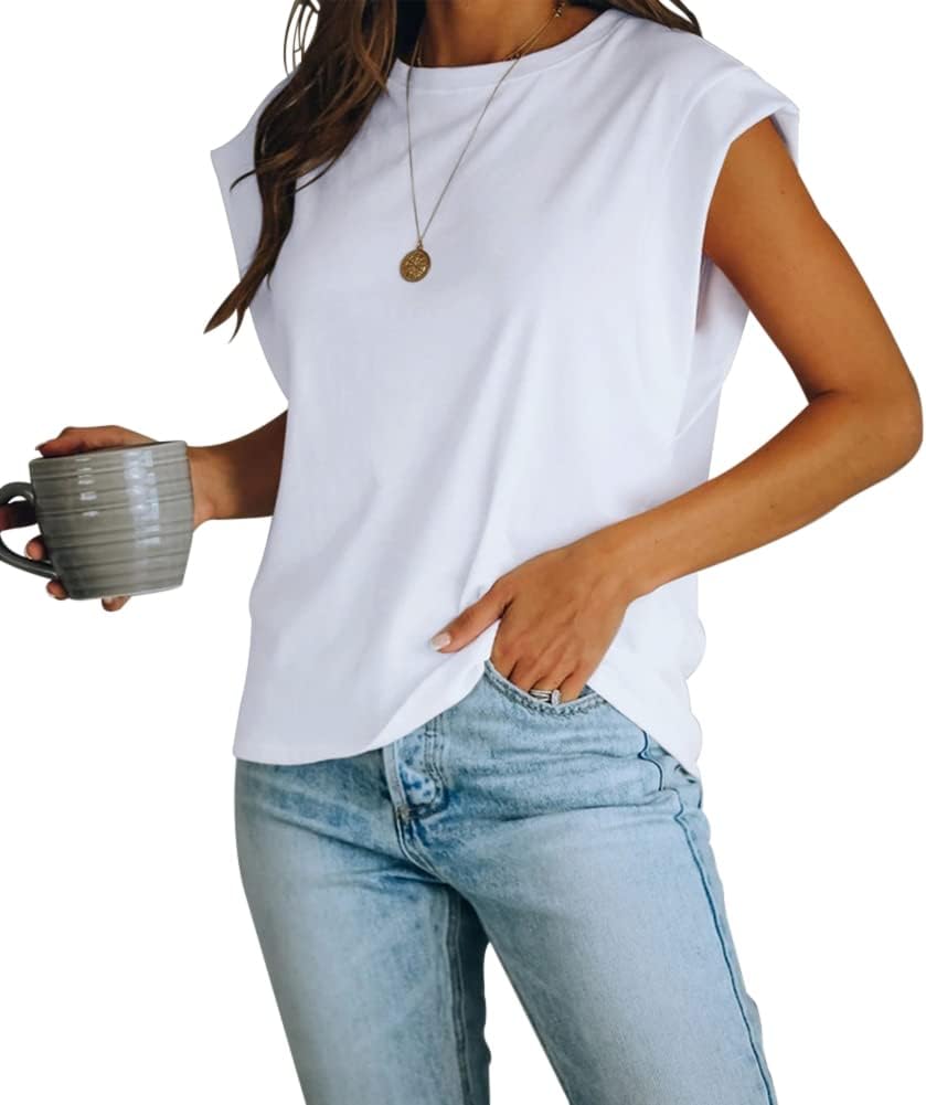 Women'S Cap Sleeve Tank Top Crew Neck T Shirts Loose Fit Basic Summer Casual Tee Tops