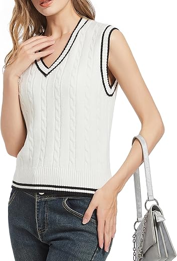 Women'S Casual V Neck Cable Knit Sweater Vest Solid Sleeveless Tank Tops Women Vest