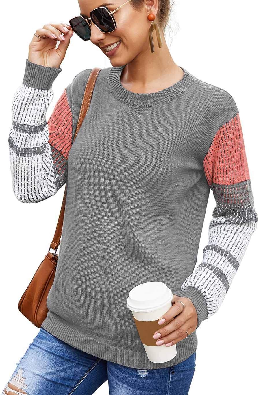 Women'S Cute Contrast Sleeve Knitted Pullover Sweater