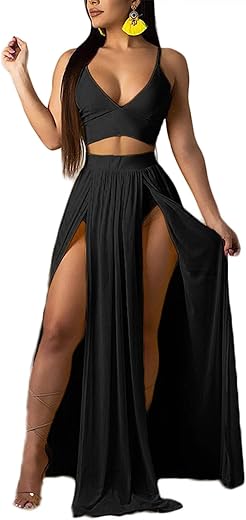 Women Sexy 2 Piece Outfits Dress Chiffon Strap Deep V Neck Bra Crop Top High Split Maxi Dresses Skirt Set