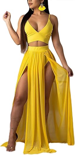 Women Sexy 2 Piece Outfits Dress Chiffon Strap Deep V Neck Bra Crop Top High Split Maxi Dresses Skirt Set