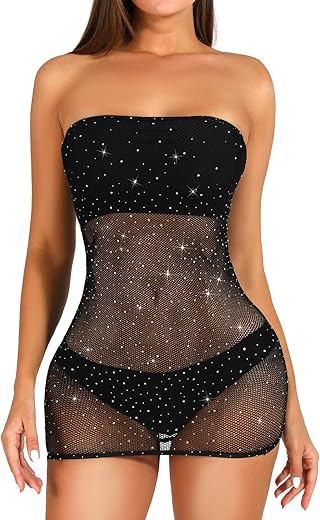 Women Sexy Fishnet Bodysuit Rhinestone Mesh Dress Sparkle Strap Stretch Chemise Nightwear Diamond Bodystocking For Women