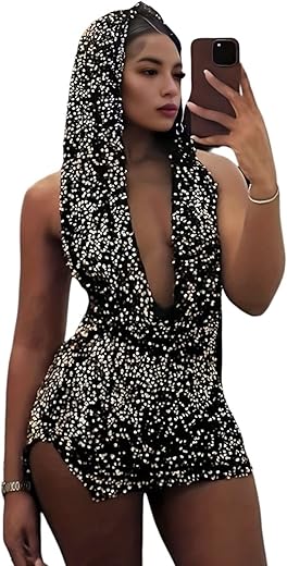 Women Sexy V-Neck Bodycon Sequin Mini Dress Hooded Sparkly Dresses For Party Club Night