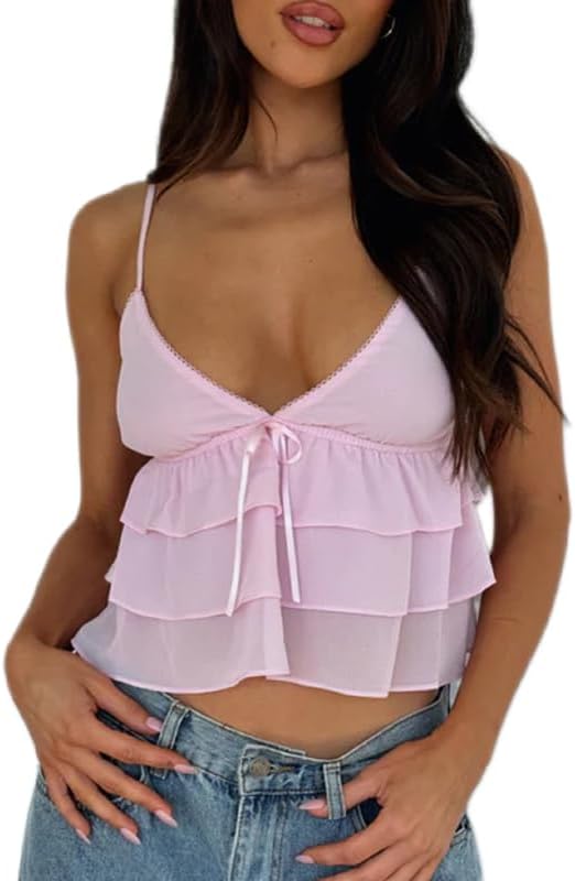 Women Sexy Y2K Frill Trim Camisole Lace V Neck Crop Top Ruffle Babydoll Cami Tank Top