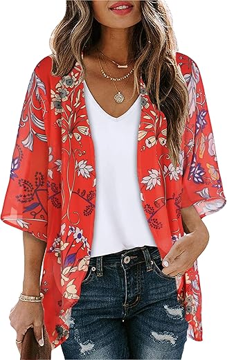 Women'S Floral Print Puff Sleeve Kimono Cardigan Loose Cover Up Casual Blouse Tops