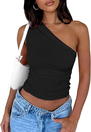 Women'S One Shoulder Tank Top Sleeveless Ruched Slim Fit Y2K Basic Crop Top