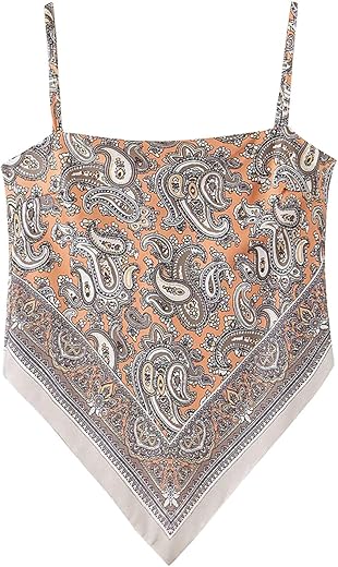 Women'S Paisley Print Tie Back French Knot Hanky Hem Spaghetti Straps Handkerchief Cami Bandana Tube Crop Top