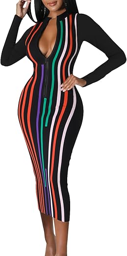 Women'S Sexy Bodycon Midi Dress Long Sleeve Zipper Stretchy Printed Party Dresses