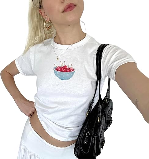 Women'S Short Sleeve Y2K Baby Tees E-Girls Cute Graphic Print Crop Tops Slim Fit T Shirts Retro Vintage Aesthetic