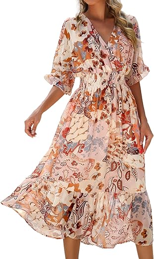 Women'S Spring Summer 2024 Floral Midi Dress A Line Chiffon Boho Dress Casual Short Sleeve Long Beach Dress