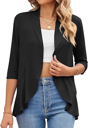 Womens Summer 3/4 Sleeve Open Front Cardigan Lightweight Draped Ruffle Casual Tops