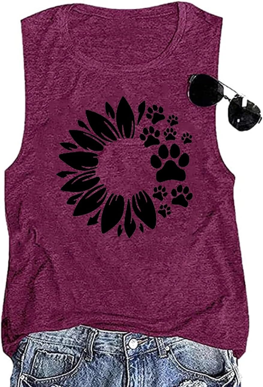 Women Sunflower Dog Paws Graphic Tank Top Sleeveless Summer Funny Workout Tops Cute Casual Vacation Shirt Top