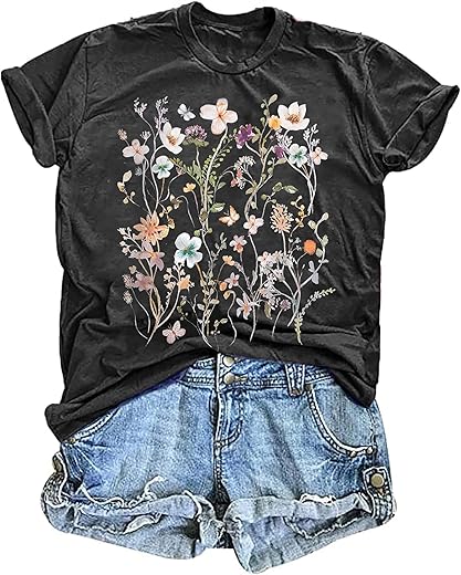 Women'S Vintage Floral T Shirt Boho Wildflower Graphic Loose Tees Short Sleeve Casual Tops