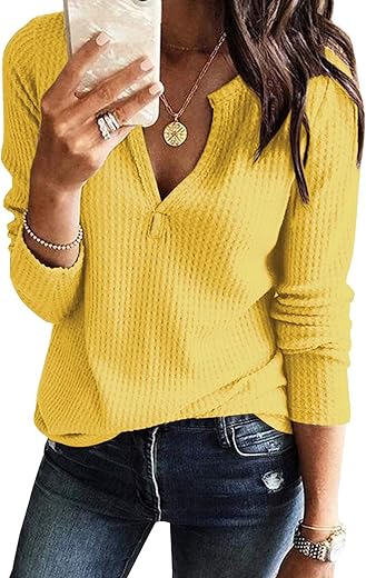 Women'S V Neck Waffle Knit Henley Tops Casual Long Sleeve Pullover Sweater Blouses