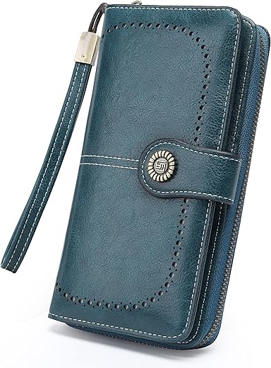 Womens Wallet Leather Large Capacity Card Holder Zipper Wristlet Wallets For Women-Peacock Blue