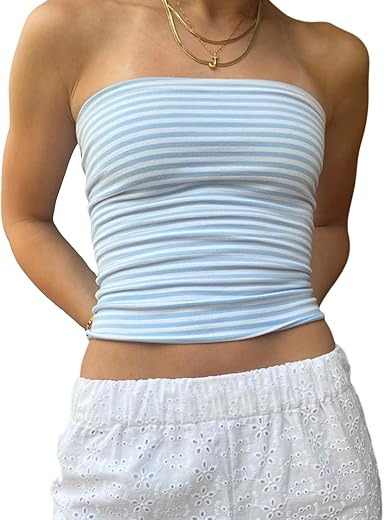 Women Y2K Strapless Tube Tops Sexy Off Shoulder Backless Striped Bandeau Going Out Sleeveless Crop Tank Tops