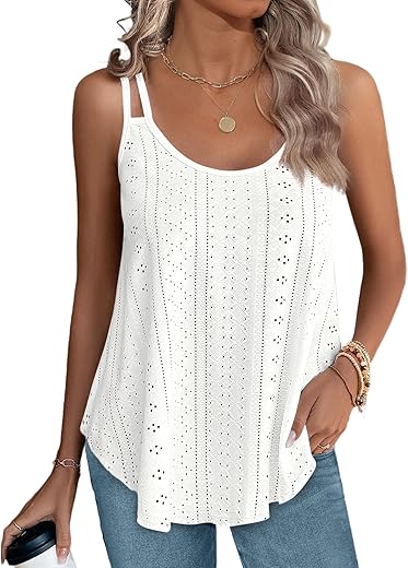 Xieerduo Womens Tank Tops Spaghetti Strap Camisoles Eyelet Embroidery Scoop Neck Tops