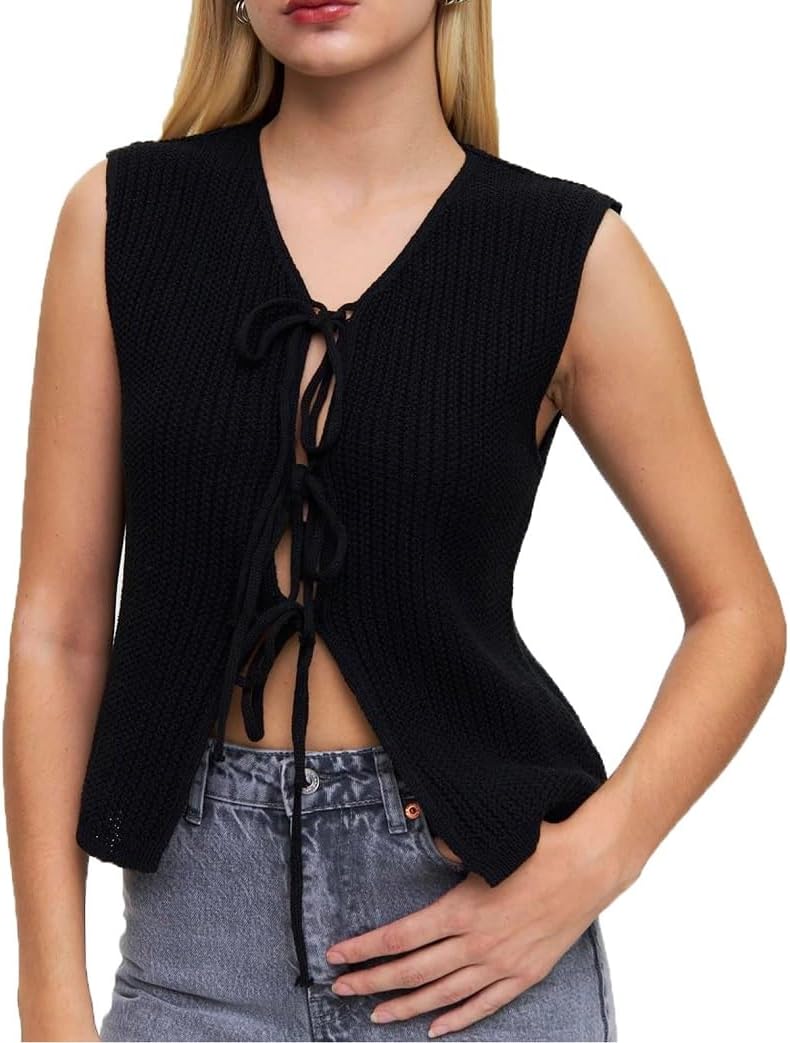 Y2K Tie Front Tank Top For Women Sleeveless Tie Up Crop Top Cute Babydoll Ruffle Hem Vest Tops Streetwear