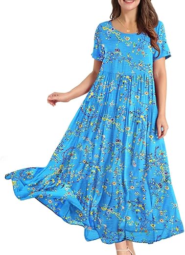 Yesno Women Casual Loose Bohemian Floral Dress With Pockets Short Sleeve Long Maxi Summer Beach Swing Dress Ejf