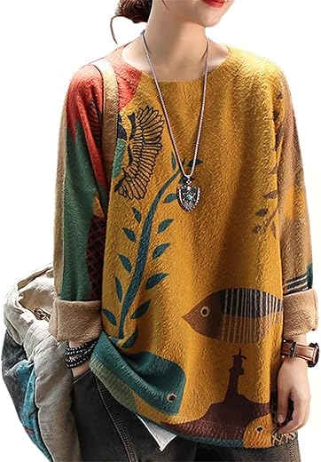 Yesno Women Ugly Christmas Sweater Graphic Printed Oversized Pullover Sweaters Casual Loose Knit Tops S01