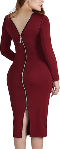 Yming Womens Zipper Back Bodycon Dress Sexy Club Dresses Solid Color Midi Dress Plus Size