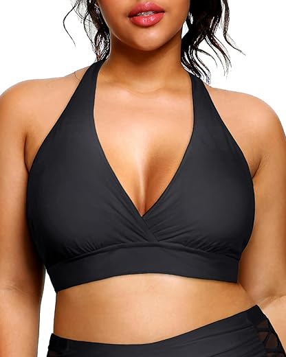 Yonique Women'S Plus Size Bikini Tops Only Halter Swimsuit Top Large Bust Swim Top V Neck Bathing Suit Tops