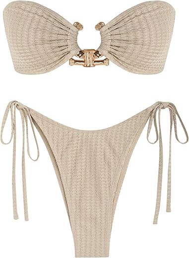 Zaful Metal Ring Bandeau Bikini Set Tie Side Bathing Suit High Cut 2 Piece Swimsuit Cutout Swimwear