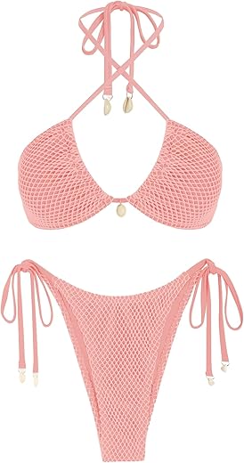 Zaful Women'S Bikini Set Fishnet Triangle Tie Convertible Collar Halter Bandeau Shell Two Piece Bathing Suit