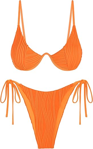 Zaful Women'S Bikini Sets Ribbed Two Piece Swimsuits Underwire Adjustable Back Clasp Bathing Suit Side Tie Thong Swimwear