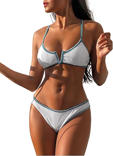 Zaful Women'S High Cut Bikini Sets Ribbed V-Wire Cami Bikini Two Piece Swimsuit