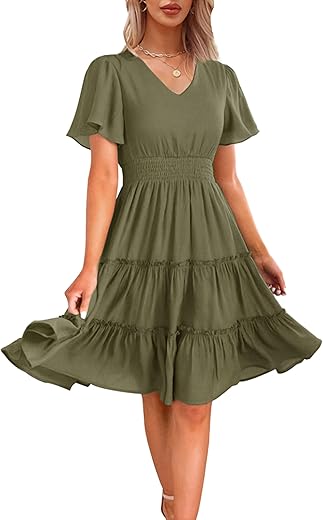 Zattcas Women 2024 Short Sleeve Summer Dress V Neck Smocked Waist Casual Flowy A Line Tiered Work Midi Dresses