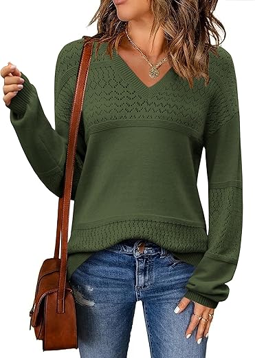 Zeagoo Womens 2024 Fall Sweaters Casual Long Sleeve Ribbed Knit Pullover V Neck Lightweight Crochet Pullover Sweater Top