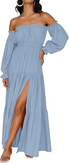 Zesica Women'S 2024 Boho Sexy Off Shoulder Long Sleeve Smocked High Waist Side Split Flowy A Line Tiered Long Maxi Dress