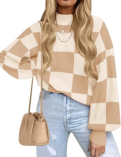 Zesica Women'S 2024 Fall Fashion Turtleneck Long Sleeve Striped Ribbed Knit Loose Pullover Sweater Tops