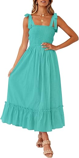 Zesica Women'S 2024 Summer Boho Spaghetti Strap Square Neck Solid Color Ruffle A Line Beach Long Maxi Dress