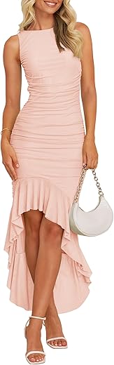 Zesica Women'S 2024 Summer Ruched Bodycon Dress Sleeveless Backless Ruffle Mermaid Cocktail Wedding Party Dresses