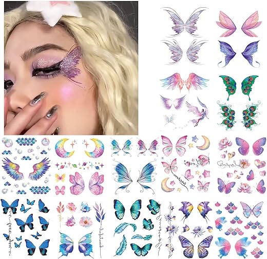 14 Sheets Glitter Butterfly Temporary Tattoos Sticker For Women Girls Eye Face Makeup Decoration, Flash Fairy Body Art Shiny Butterflies Waterproof Fake Tattoos For Festival Party Eye Decor