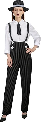 1920S Gangster Gatsby Costume Outfit For Adult Women Girls Mobster Mafia Roaring 20S Halloween Cosplay Pinstripe Suit