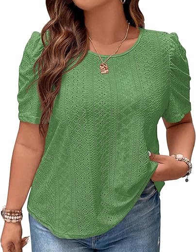 2024 Womens Plus Size Tops Eyelet Embroidery Puff Sleeve Tee Crew Neck Shirts Casual Soft Blouse Loose Fit Tees