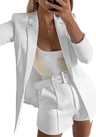 2 Piece Outfits For Women Long Sleeve Solid Open Front Blazer Shorts With Belt Casual Elegant Business Suit Sets