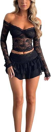 2 Pieces Mini Skirt Set For Women Elegant Lace Crop Top Bodycon Skirts Sheer Mesh Y2K Matching Sets