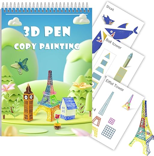 3D Printing Pen Drawing Book Spiral Bound With Transparent Template, 40 Patterns Reusable Painting Graffiti Template, Ideal Diy Gift For Kids Include Animal Transportation House Building Food